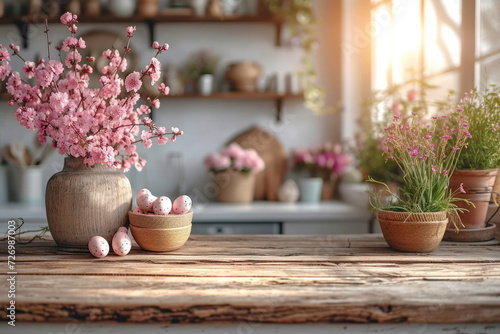 Wooden board, table with Easter decorations. Part of the table is empty for product installation. Easter time.Mockup photo