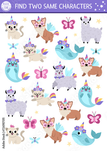 Find two same unicorn animals. Magic world matching activity for children. Fantasy or fairytale educational quiz worksheet for kids for attention skills. Simple printable game.