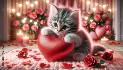 A charming illustration of a fluffy kitten holding a red heart, surrounded by roses and candles, evoking warmth and affection with copy space.Concept of love. AI generated.