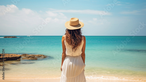A woman in a straw hat gazes at the tranquil blue sea on a sunny tropical beach, embodying peaceful solitude.