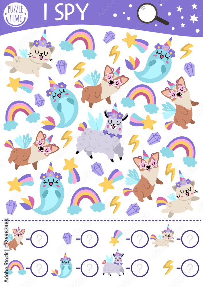 Unicorn I spy game for kids. Searching and counting activity with rainbow, animals, falling star. Magic, fantasy world printable worksheet for preschool children. Fairytale spotting puzzle. Unicorn I spy game for kids. Searching and counting activity with rainbow, animals, falling star. Magic, fantasy world printable worksheet for preschool children. Fairytale spotting puzzle.