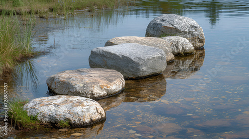 Large round beautiful natural stones cobblestones in water sea lake river background texture Generated Ai 