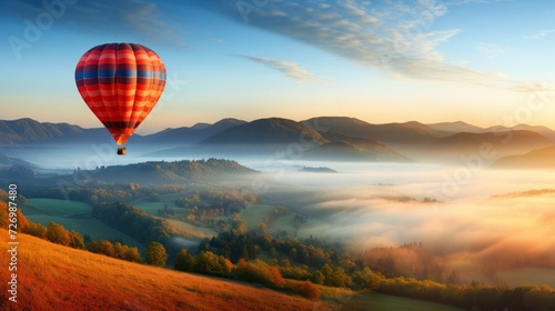 A colorful hot air balloon floats over misty mountains bathed in the warm glow of sunrise, evoking adventure and tranquility.