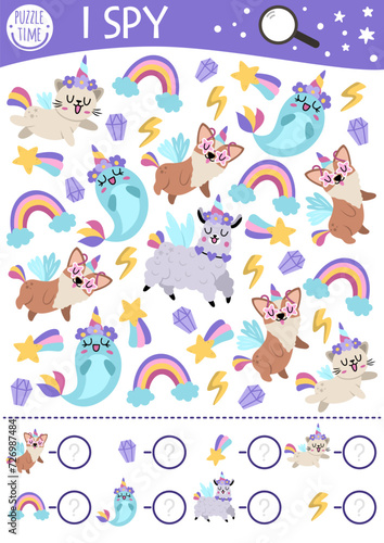 Unicorn I spy game for kids. Searching and counting activity with rainbow, animals, falling star. Magic, fantasy world printable worksheet for preschool children. Fairytale spotting puzzle.