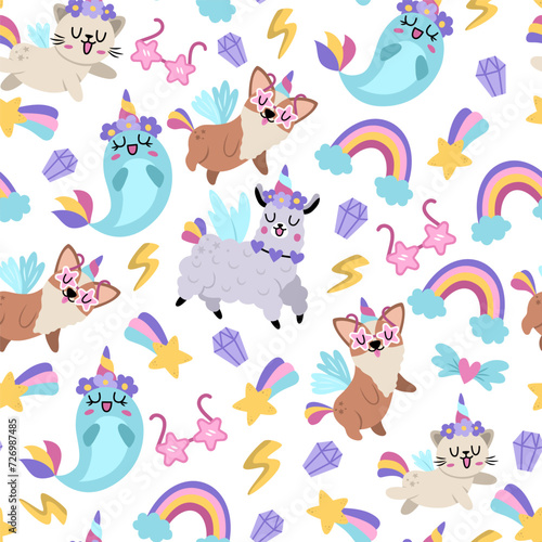 Vector seamless pattern for unicorn birthday party. Repeat background with fantasy animals with horns, falling star, crystal, sunglasses, rainbow. Fairytale digital paper with narval, llama, cat, dog.