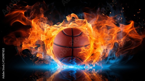 A dramatic representation of a basketball engulfed in a dynamic clash of flames and ice, symbolizing power and energy.