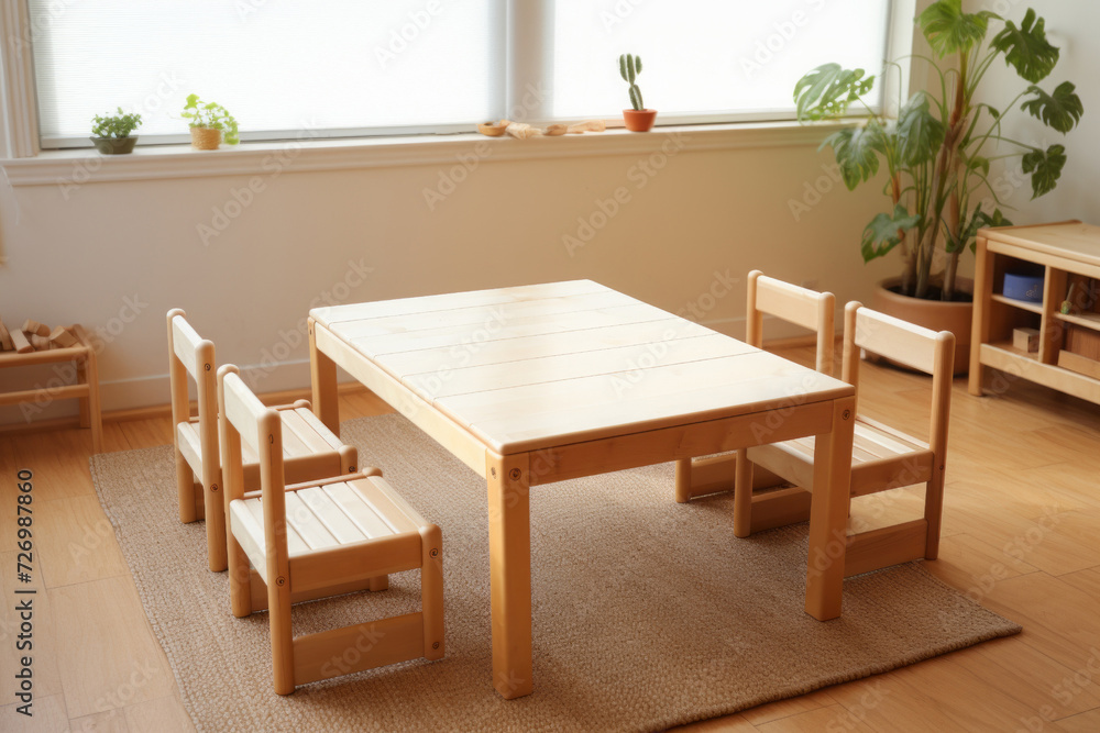 Montessori materials concept. empty low wooden table and chairs in kindergarten. Montessori materials concept. empty low wooden table and chairs in kindergarten.