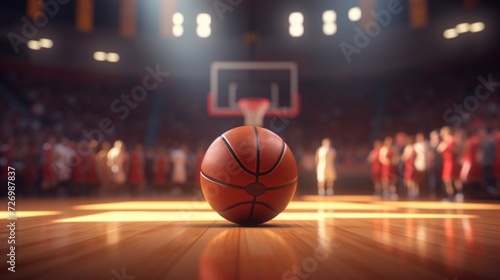 Basketball in the spotlight at center court with a goal hoop in the soft-focused background. © red_orange_stock
