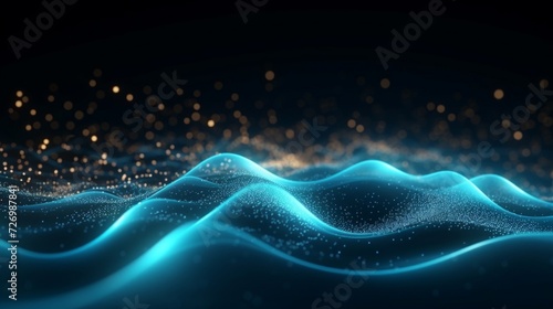 Dynamic blue abstract light wave with glowing particles on a dark background, symbolizing connectivity and technology.