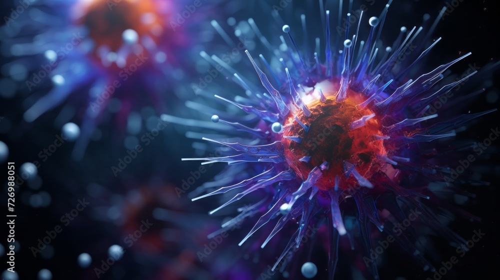 3D illustration of a spiky viral particle with a fiery core on a dark background. 3D illustration of a spiky viral particle with a fiery core on a dark background.
