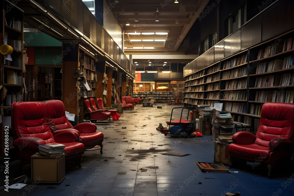 Stark Solitude: Haunting Beauty of Empty Bookstore in Low Light