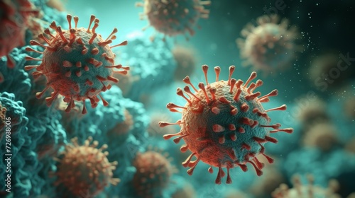 Close-up illustration of spherical virus particles with spike proteins, set against a blue backdrop.