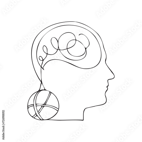 Drawing of a head with a tangled thread and a ball of black lines. Psychotherapeutic or psychological help concept. Medical vector illustration