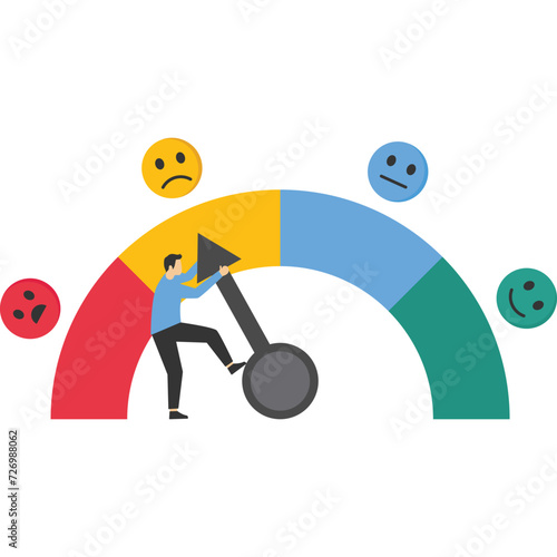 Dissatisfaction, dislike or negative feedback. man pushing rating bar to dissatisfaction level.