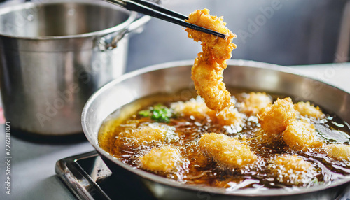 Crispy deep-fried food in bubbling oil, golden perfection symbolizing indulgence and taste sensation, tempting the senses with deliciousness photo