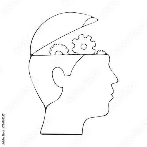 Freehand black line drawing. Head in profile with gears. Concept of psychological support, therapy. Vector illustration