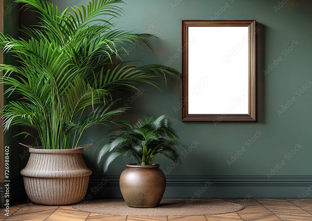 Blank picture frame by a houseplant Corner