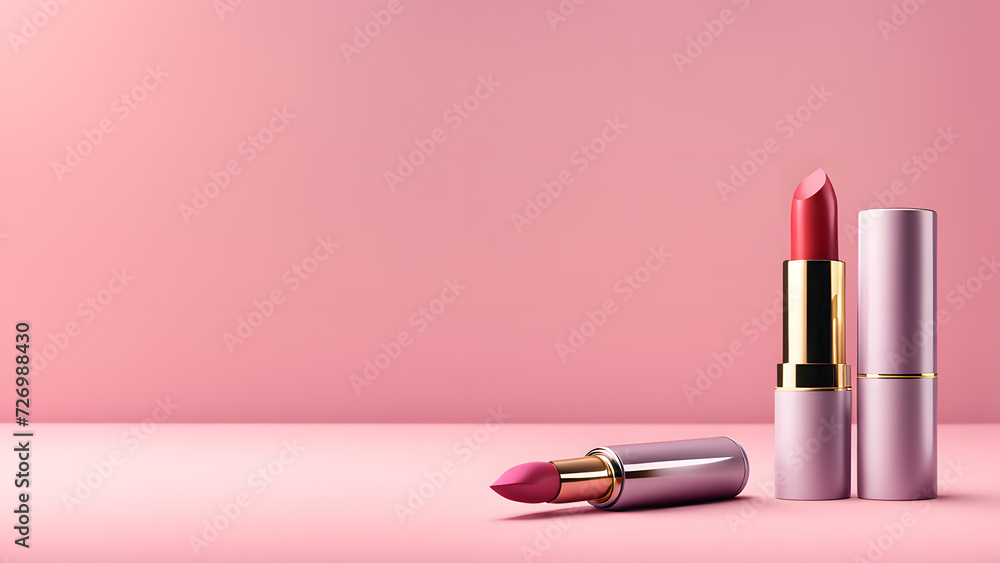 3D beauty fashion banner template designed with lipstick and makeup cosmetic tools. Minimal pink pastel background suitable for e commerce, social media, website banner. - obrazy, fototapety, plakaty 