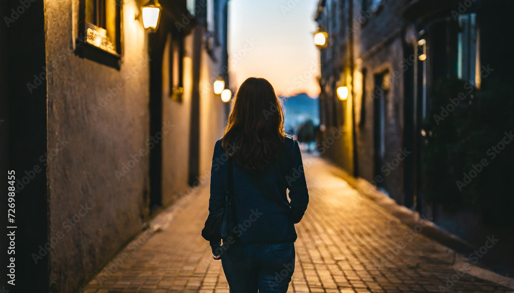 woman walks alone in a dim alley, embodying solitude, vulnerability, and potential danger.