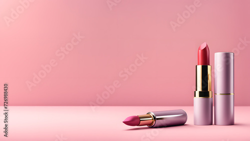 3D beauty fashion banner template designed with lipstick and makeup cosmetic tools. Minimal pink pastel background suitable for e commerce, social media, website banner.