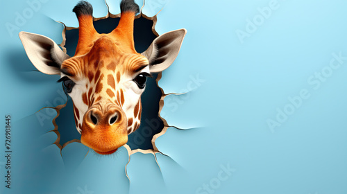 generated  illustration  of cute giraffe peeking out of a hole in blue  cracked wall, copy space