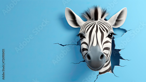 generated illustration Zebra looking through a hole torn from a cracked wall .