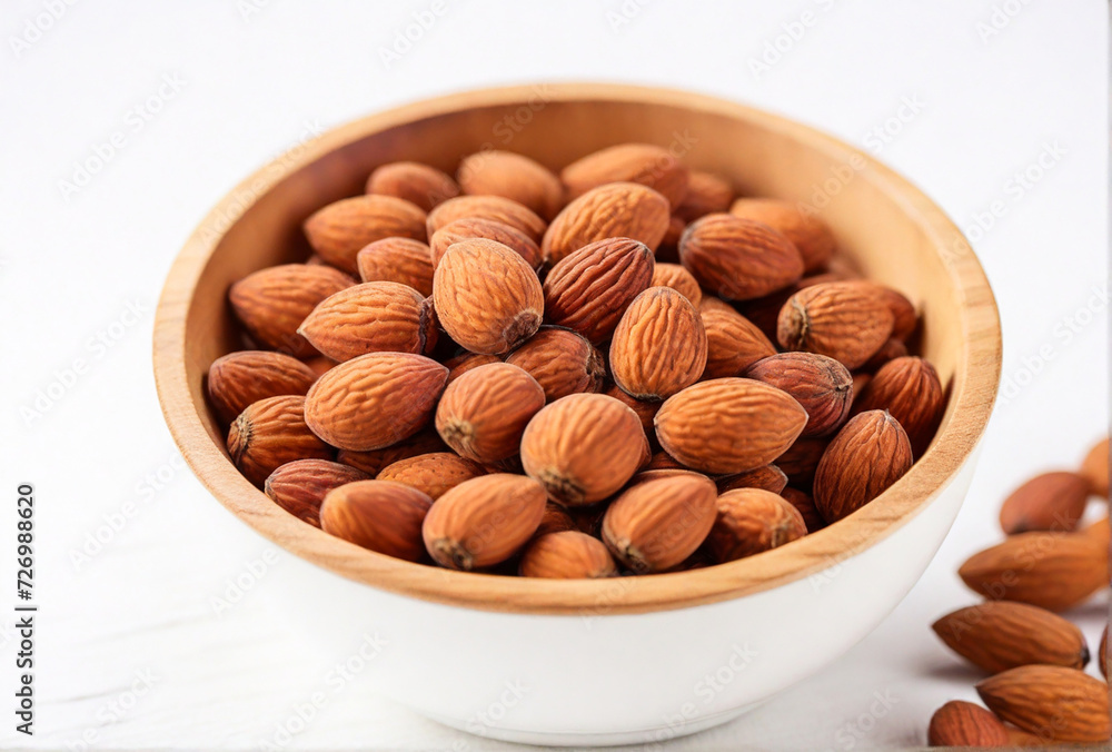 Organic almonds in a wooden bowl on white background Organic almonds in a wooden bowl on white background