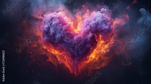 Large fiery flaming heart on a dark background. Created with Ai