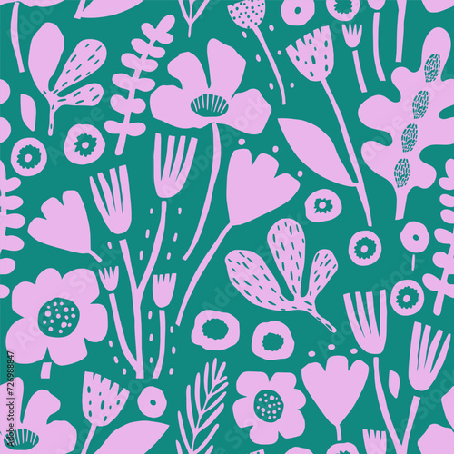 Seamless floral pattern with leaves and cutout flowers. Jungle green and lilac summer background. Perfect for fabric design, wallpaper, apparel. Vector illustration