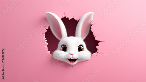 generated  illustration  of cute baby rabbit peeking out of a hole in wall, torn hole, empty copy space. photo