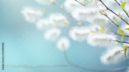 Soft pussy willow branches with fluffy catkins against a peaceful blue sky backdrop. photo