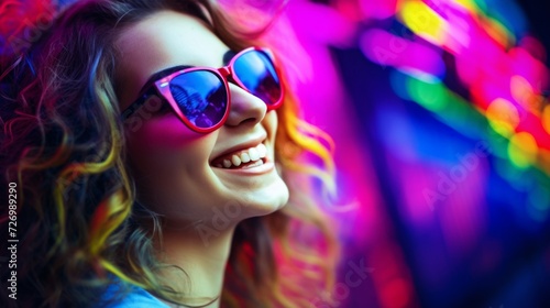 A smiling young woman wearing vibrant sunglasses, surrounded by neon lights.