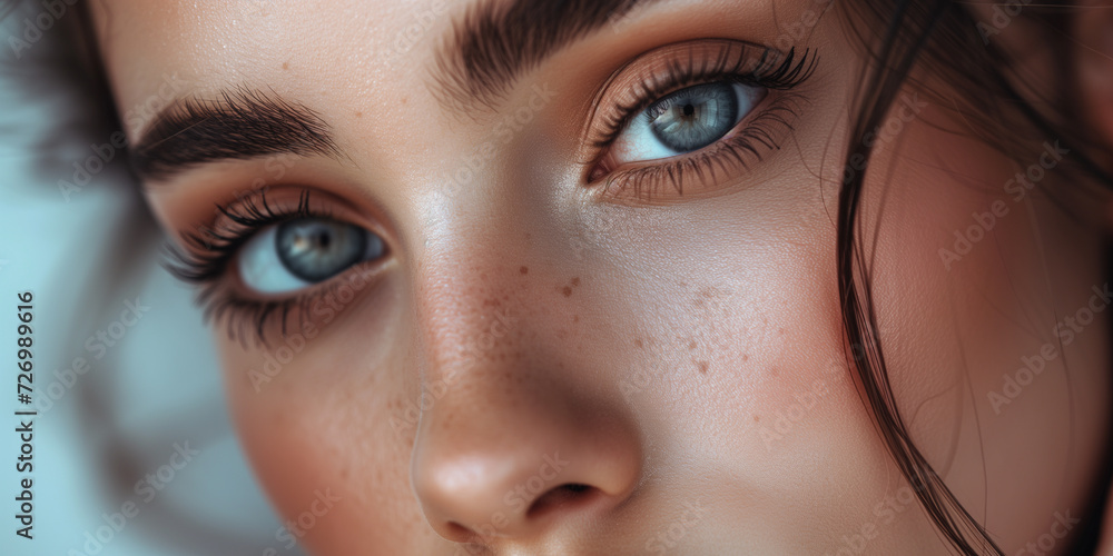 Fototapeta premium Close-up portrait of a woman with luminous skin and expressive blue eyes. Beauty and cosmetics concept. Image with a cold color palette and place for text for beauty and fashion design.