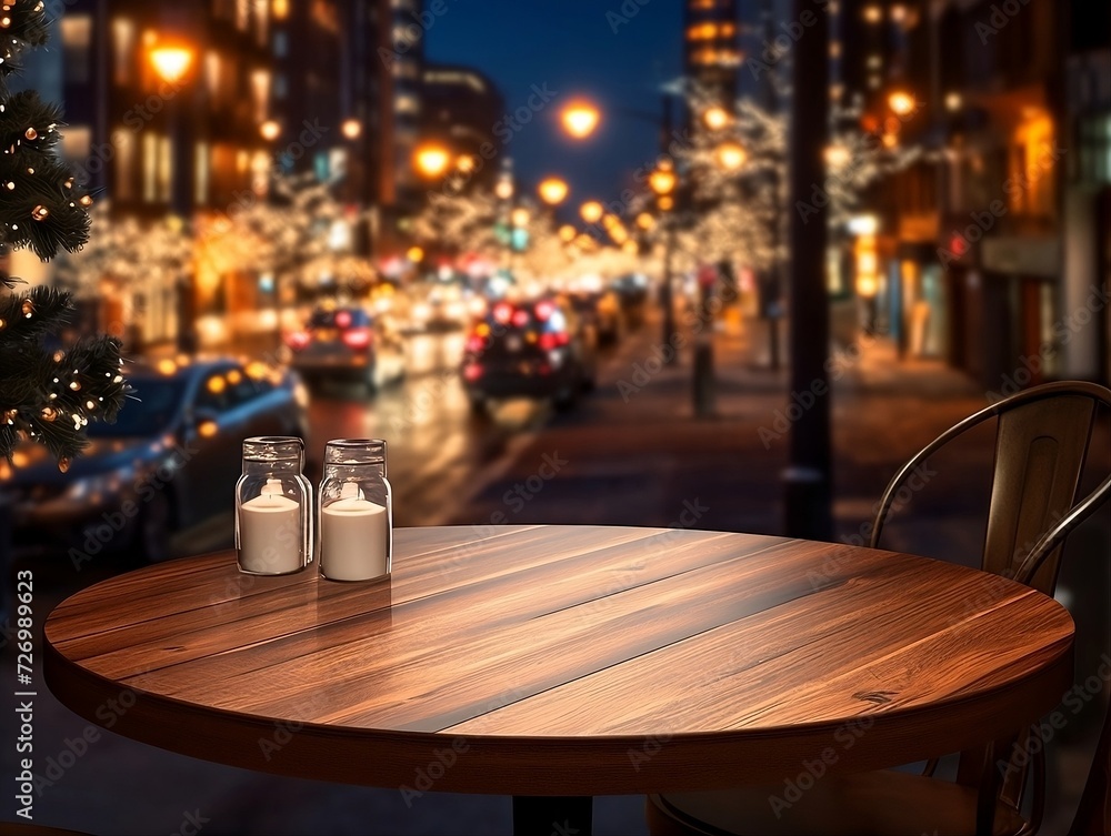 Wooden restaurant table with lights on the city street background