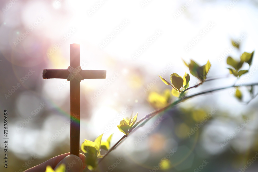 Background with yellow forsythia flowers and buds and the holy cross of Jesus Christ in hand on a warm spring day with strong sunlight
Background with yellow forsythia flowers and buds and the holy cross of Jesus Christ in hand on a warm spring day with strong sunlight