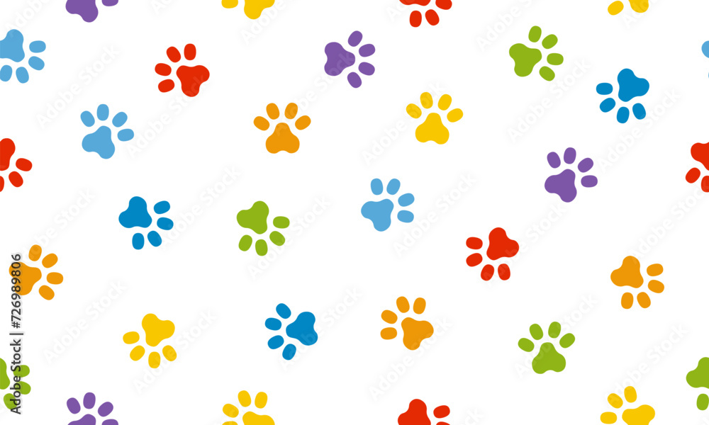 Dog paw seamless pattern cat footprint. Colorful background. Pets adoption. Veterinary care and facilities. Homeless pet rescue