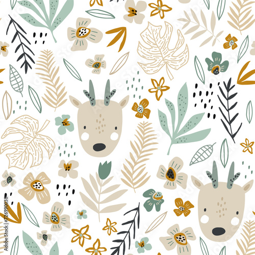 Seamless pattern with cute deers, floral elements. Perfect for kids apparel,fabric, textile, nursery decoration,wrapping paper. Vector Illustration