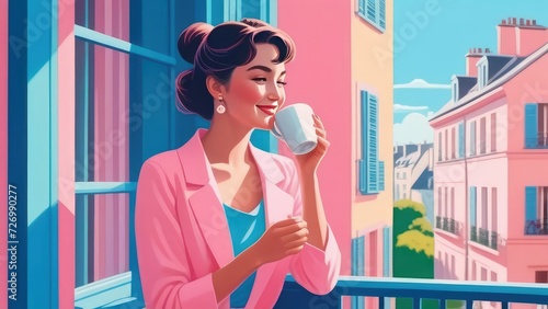 the girl smiles happily and drinks a cup of coffee on the balcony in Paris. Japanese vintage 80s style, pink tone, cute illustration,