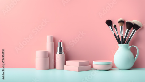 3D beauty fashion banner template designed with makeup cosmetic tools. Minimal pink pastel background suitable for e commerce, social media, website banner.