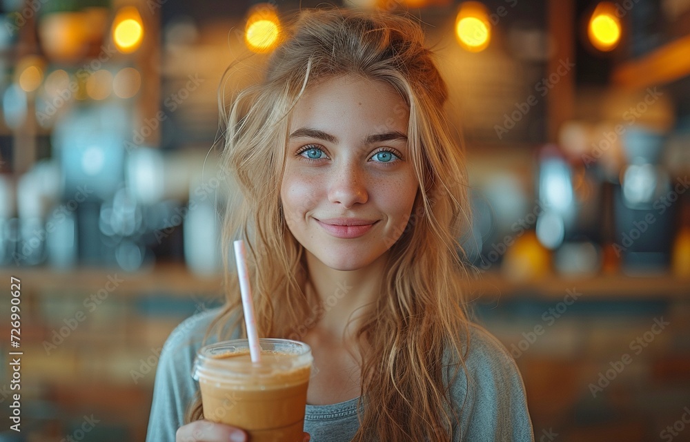 Using a paper straw, a café patron is holding a drink. Using a paper straw, a café patron is holding a drink.