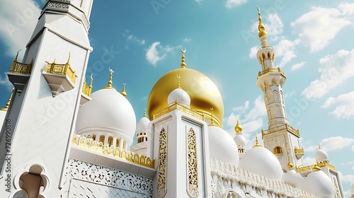 Ramadan Kareem. Tall minarets, mosque dome and crescent and shining star in the sky. Religious background.