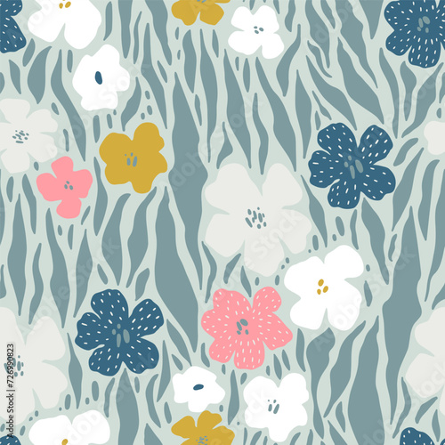 Seamless floral pattern. Blue summer, spring background. Perfect for fabric design, wallpaper, apparel. Vector illustration