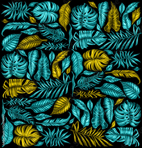 Stylish Colored Neon Set of Tropical Leaves of Different Types. Watercolor drawing of plants on a black background. 