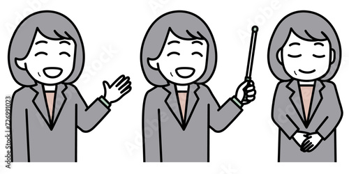 説明するスーツの女性のポーズセット