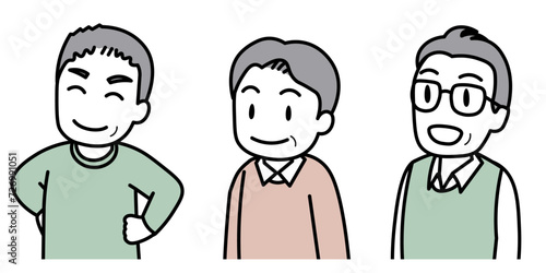 中高年男性3人の上半身イラスト（笑顔）