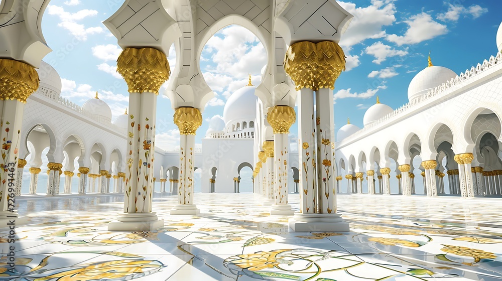 Ramadan Kareem. Tall minarets, mosque dome and crescent and shining star in the sky. Religious background.