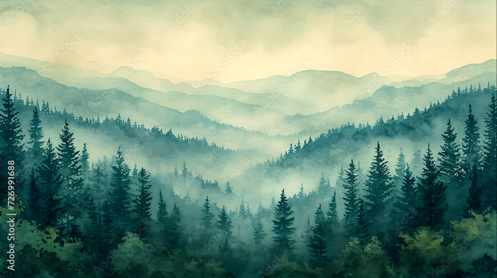 Sequoia Leaves Watercolor Forest Foliage Vibrant Art – Nature’s Beauty in Lush Botanical Illustration, Generative Ai - obrazy, fototapety, plakaty 