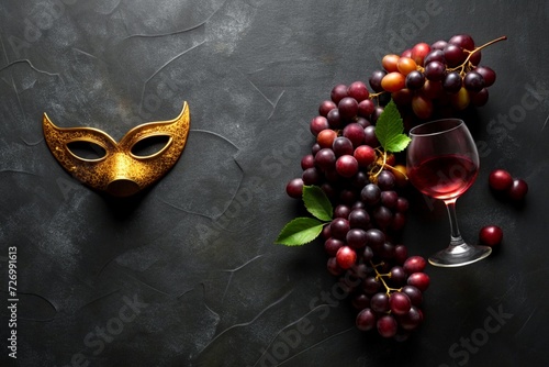 A wine glass embraced by a carnival mask and carnival elements, viewed from above, top view, flat lay