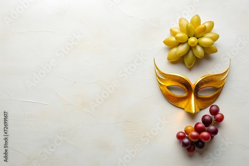 A wine glass embraced by a carnival mask and carnival elements, viewed from above, top view, flat lay