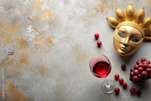 A wine glass embraced by a carnival mask and carnival elements, viewed from above, top view, flat lay